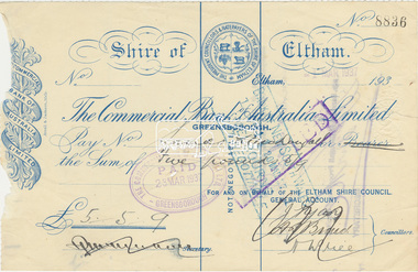 Cheque, Cancelled cheque from Shire of Eltham for £5/5/9 to Sands MacDougall, Commercial Bank of Australia Ltd, No. 8836, 1 March 1937, 1 March 1937