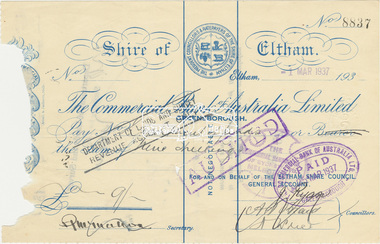 Cheque, Cancelled cheque from Shire of Eltham for 9 shillings to Department of Lands and Survey, Commercial Bank of Australia Ltd, No. 8837, 1 March 1937