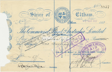 Cheque, Cancelled cheque from Shire of Eltham for 9 shillings to Department of Lands and Survey, Commercial Bank of Australia Ltd, No. 8837, 1 March 1937, 1 March 1937