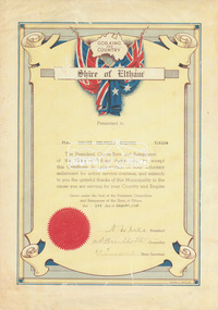 Certificate, Shire of Eltham: Presented to Pte. George Melville Balfour, VX6104, 1 August 1942