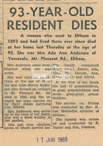 Newsclipping, 93 year-old resident dies, Unk. publication, 17 June 1969, 17 Jun 1969
