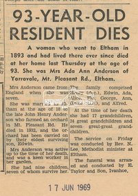 Newsclipping, 93 year-old resident dies, Unk. publication, 17 June 1969, 17 Jun 1969