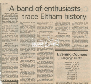 Newsclipping, A band of enthusiast trace Eltham history, unknown publication, 31 January 1984, 31 Jan 1984