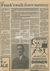 Newsclipping, Frank's walk down memory lane ... , Diamond Valley News, 11 September 1984, 11 Sep 1984