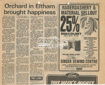 Newsclipping, Orchard in Eltham brought happiness, Diamond Valley News, 18 September 1984, 18 Sep 1984