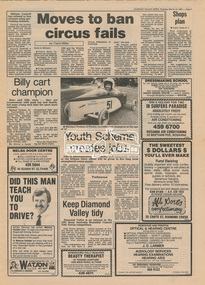 Newsclipping, Moves to ban circus fails by Claire Miller, , Diamond Valley News, 12 March 1985, p3, 12 Mar 1985