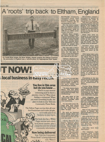 Newsclipping, A 'roots' trip back to Eltham, England, Diamond Valley News, 25 January 1986, 25 Jan 1986