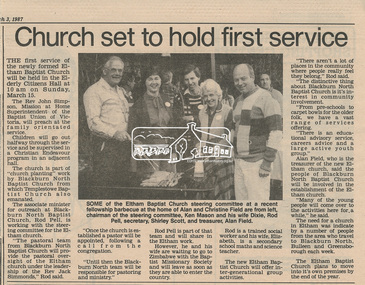 Newsclipping, Church set to hold first service, Diamond Valley News, 3 March 1987, 3 Mar 1987