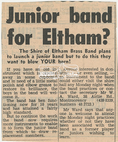 Newsclipping, Junior band for Eltham?, 1987c