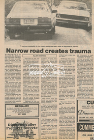 Newsclipping, Narrow road creates trauma by Jeni Downing, 1987c