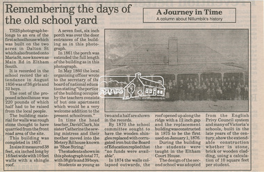 Newsclipping, Remembering the days of the old school yard, A Journey in Time, A column about Nillumbik's history, Nillumbik Mail, 2001