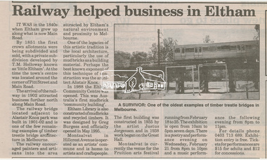 Newsclipping, Railway helped business in Eltham, Diamond Valley News(?)