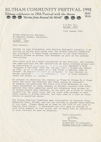Letter, Letter from Gina Wilson, Steamtrain Co-ordinator, Eltham Festival Committee to Eltham Historical Society, 11 August 1992, Aug 1992