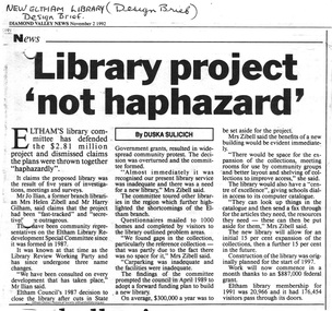 Folder, Eltham's new library opened 1994; local issues involved