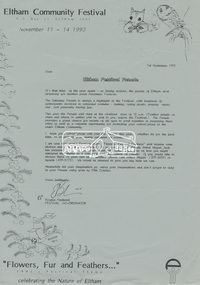 Letter, Communique from Rosalie Hastwell, 1993 Eltham Community Festival Coordinator, seeking participation in the Eltham Festival Parade, 1 September 1993, 1993