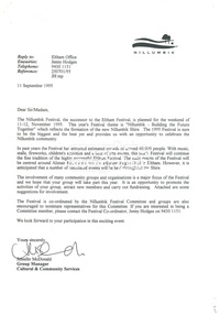 Letter, Nillumbik Shire Council regarding the Nillumbik Festival for 1995, 11 September 1995, 1995