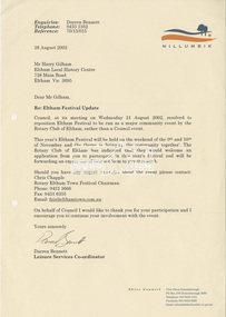 Letter, Invitation from the Shire of Nillumbik to the Eltham District Historical Society to apply to be part of the 2002 Eltham Festival, 28 August 2002, 2002