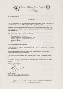 Letter, Invitation to participate in the Rotary Eltham Town Festival to be held 9-10 November; 5 September 2002, 2002