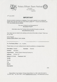 Letter, Rotary Eltham Town Festival, confirmation request of details held on database, 12 June 2003, 2003