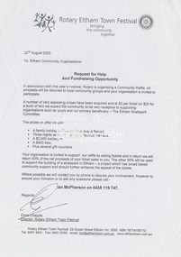 Letter, Rotary Eltham Town Festival, Request for Help and Fundraising Opportunity, 22 August 2003, 2003