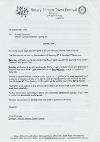 Letter, Rotary Eltham Town Festival, Invitation to participate in the 2003 Rotary Eltham Town Festival to be held 8-9 November; 5 September 2003, 2003