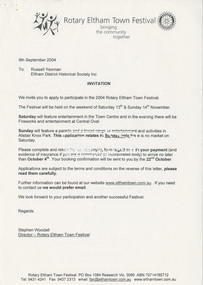 Letter, Rotary Eltham Town Festival, Invitaion to participate in the 2004 Rotary Eltham Town Festival to be held 13-14 November; 9 September 2004, 2003