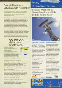 Article, Rotary Eltham Town Festival, "Festival Weekend is November 8th and 9th and it's nearly here!", Eltham Town Community News, Spring/Summer 2008/09, p20, 2008