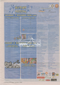 Newspaper clipping, Advertisement; Rotary Eltham Town Festival Sat 7-Sun 8 November 2009, Diamond Valley Leader, 4 November 2009, p4, 2009