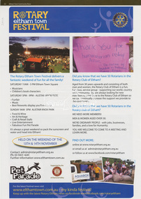 Magazine Article, Advertisement; Rotary Eltham Town Festival 13-14 November 2010, Eltham Town Community News, p27, 2010