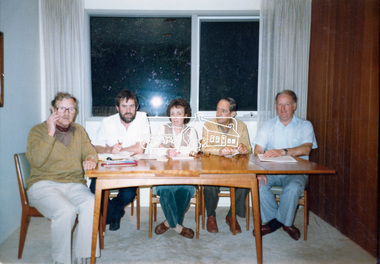 Photograph, Meeting of Shire of Eltham Historical Society Committee members at the Shire Offices, 895 Main Road, Eltham, c.1985, 1985c