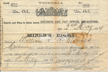 Document, Miner's Right issued to William E. McDonald of Melbourne for one year, 2 May 1904