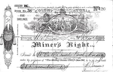Document, Miner's Right issued to William E. McDonald of North Morang for one year, 31 December 1890