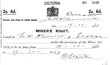 Document, Miner's Right issued to W.R. McDonald of Eltham for one year, 18 November 1931