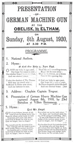 Document, Program - Presentation of German Machine Gun at the Obelisk, Eltham on Sunday, 8th August, 1920, at 3.30 P.M