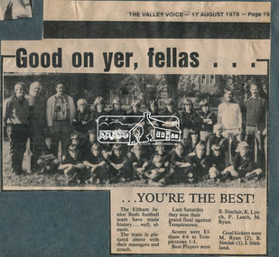 Newspaper clipping, Good on yer, fellas ... You're the best!, The Valley Voice, 17 August 1978, p19