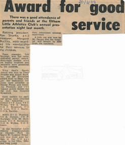 Newspaper clipping, Award for good service, publication unknown, 20 March 1979