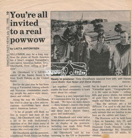 Newspaper clipping, You're all invited to a real powwow by Laeta Antonysen, Diamond Valley News, 22 July 1998, p10