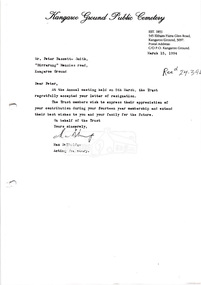 Letter, Kangaroo Ground Public Cemetery to Peter Bassett-Smith advising the Trust has accepted his resignation, 15 March 1994, 1994