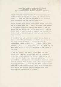 Document, Mary Owen, Mary Owen's speech at the unveiling of the Memorial Plaque to her grandfather, Walter Withers, at Walter Withers Reserve, cnr Arthur and Bible Streets, Eltham, 13 October 1990, 1990