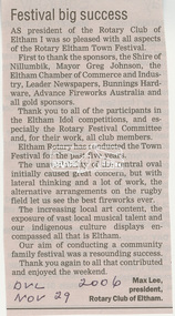 Newspaper clipping, Festival big success, Letters, Diamond Valley Leader, 29 November 2006, 2006