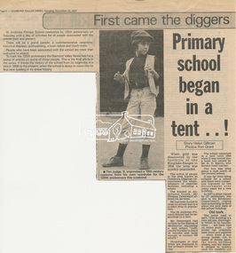 Newsclipping, First came the diggers . . . then Mr Downward: Primary school began in a tent . . !, Diamond Valley News, 22 November 1983, pp6-7, 1983