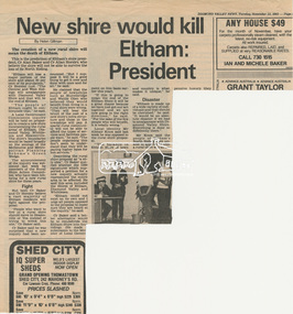 Newsclipping, New shire would kill Eltham: President, Diamond Vallet News, 22 November 1983, p8, 1983