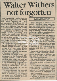 Newsclipping, Walter Withers not forgotten by Linley Hartley, Diamond Valley News, 1987