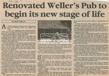 Newsclipping, Renovated Weller's Pub to begin its new stage of life by Linley Hartley, Diamond Valley News, 26 January 1988, 1988