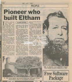 Newsclipping, Pioneer who built Eltham by Mark Jackson, Diamond Valley News, 1992