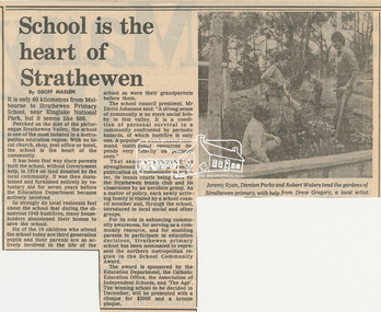 Newsclipping, School is the heart of Strathewen by Geoff Maslen; publication unk, 1992c