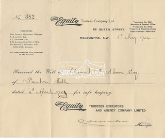 Receipt, Equity Trustees Company Ltd; Receipt, 6 May 1924 of Will of Clement R. Stone of Panton Hill date 4 April 1922, 1924