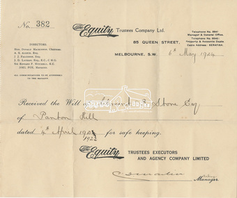 Receipt, Equity Trustees Company Ltd; Receipt, 6 May 1924 of Will of Clement R. Stone of Panton Hill date 4 April 1922, 1924
