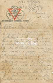 Letter, Letter to Lily Howard from Walter Henry Yates (7103), 38th Batt., 10 June 1918, 1918