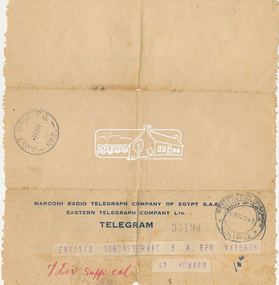 Telegram, Birthday greetings to Sefton Howard (VX18606); Telegram received from D. Thomson in Cairo, Egypt, 6 August 1941, 1941